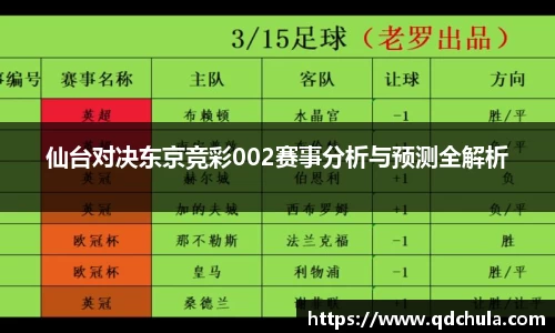 仙台对决东京竞彩002赛事分析与预测全解析